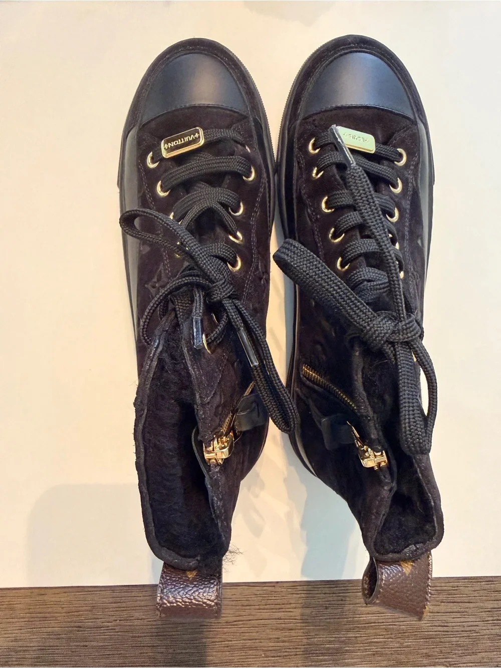 Black Suede Monogram Louis Vuitton High-Top Sneakers with Fur Inside